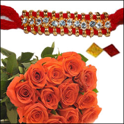 "Single Line Stone Rakhi - SR-9160(Single) , 12 Orange Roses bunch - Click here to View more details about this Product